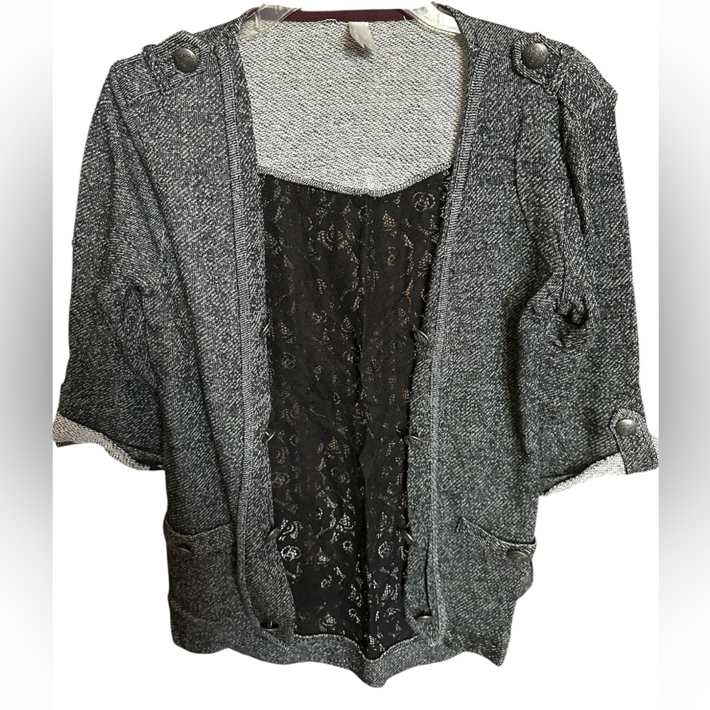 Vanity Gray Open-Front 3/4 Sleeve Military Style Jacket with Lace Back- Size S